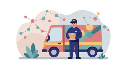 A young delivery man in a blue jacket and red cap carries a large red box while speaking on his phone, set against a light blue background with abstract shapes.