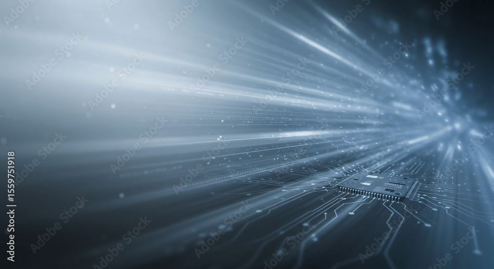 Poster abstract image of a microchip with light streaks indicating high speed data transfer and processing