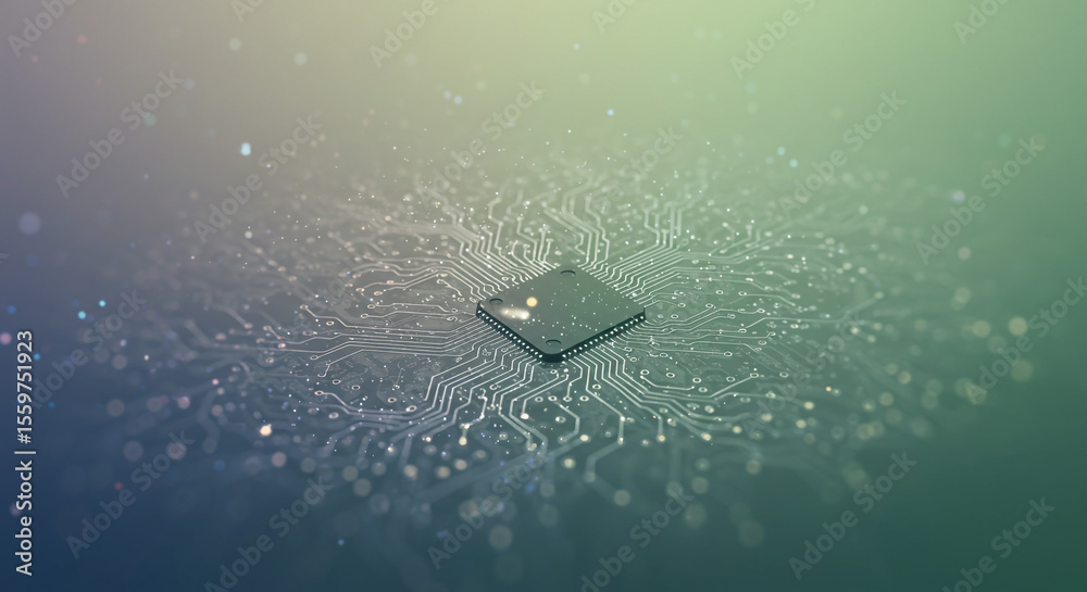 Poster close up of a microchip on a circuit board with a blurred background and soft lighting effects