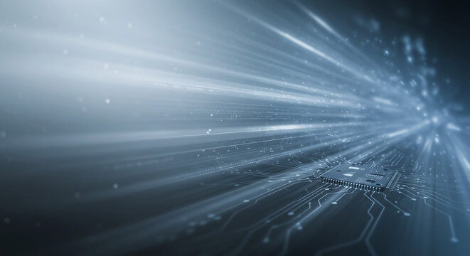 Abstract image of a microchip with light streaks indicating high speed data transfer and processing