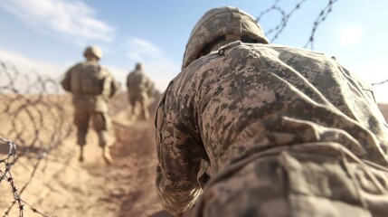 Fototapeta premium Soldiers in Camouflage Uniforms Marching Through Desert Terrain with Barbed Wire Under a Clear Blue Sky