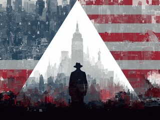 Modern Independence Day Poster: Abstract Flag Stripe Background, Iconic Skyline Silhouettes, Military Triangle with Dog Tags/Cap/Tattoos Vector Design