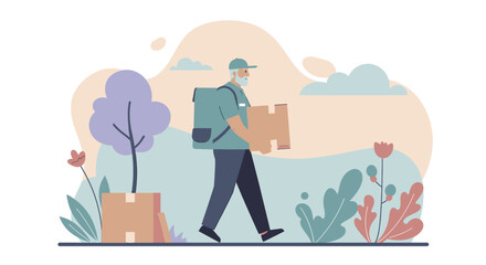 A young delivery man in a blue jacket and red cap carries a large red box while speaking on his phone, set against a light blue background with abstract shapes.