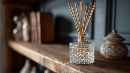 棚に置かれた綺麗なガラスのアロマディフューザー