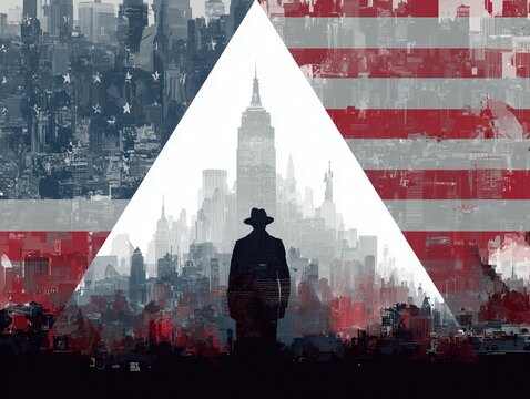 Modern Independence Day Poster: Abstract Flag Stripe Background, Iconic Skyline Silhouettes, Military Triangle with Dog Tags/Cap/Tattoos Vector Design