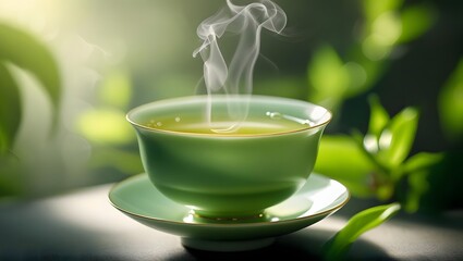 green tea cup with bokeh