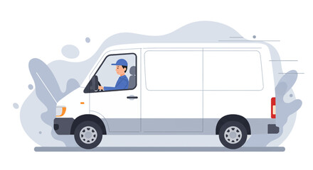 A young delivery man in a blue jacket and red cap carries a large red box while speaking on his phone, set against a light blue background with abstract shapes.