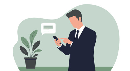 A man in a suit is standing in an office, focused on his smartphone, which is connected to a chat bubble. Suitable for landing page, banner, marketing, web design, presentation, infographic, etc.