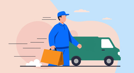 a delivery person in blue uniform and cap walking towards a green delivery van, carrying a shopping bag. Suitable for landing page, banner, marketing, web design, presentation, infographic, etc.