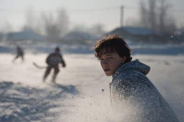dynamic hockey scene with person in valenki captured in left part of frame