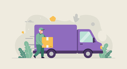 A young delivery man in a blue jacket and red cap carries a large red box while speaking on his phone, set against a light blue background with abstract shapes.