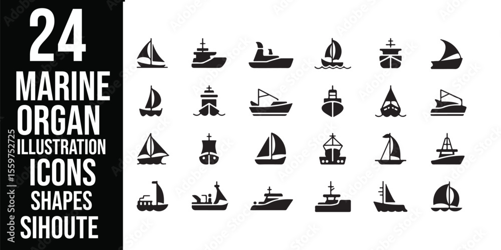 Fototapete collection of black and white ship icons and illustrations in a graphic design layout with text