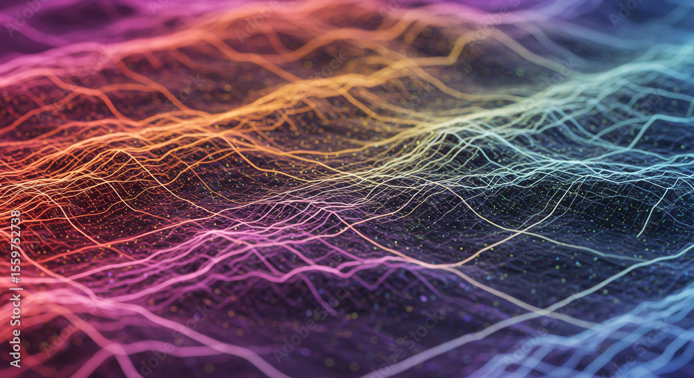 Poster Abstract colorful network of lines with a dark background creating a vibrant and dynamic pattern