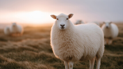 Fototapeta premium Sheep with thick white wool standing on grassy field during warm sunset light, peaceful rural landscape with soft focus background