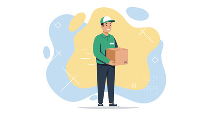 A young delivery man in a blue jacket and red cap carries a large red box while speaking on his phone, set against a light blue background with abstract shapes.