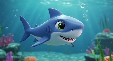 Obraz premium Adorable Cartoon Shark in Vibrant Underwater World: A Delightful 3D Render