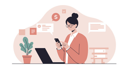 a woman sitting at a desk with a laptop and a phone