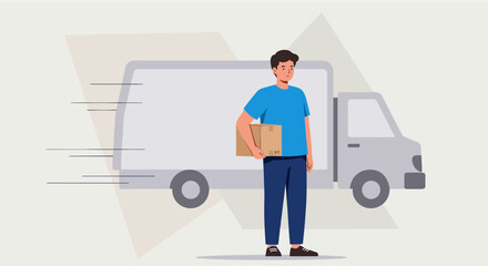 A young delivery man in a blue jacket and red cap carries a large red box while speaking on his phone, set against a light blue background with abstract shapes.