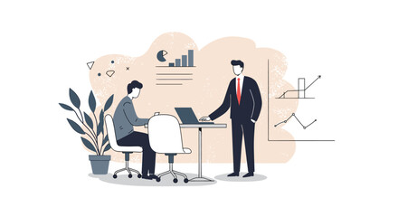 A young delivery man in a blue jacket and red cap carries a large red box while speaking on his phone, set against a light blue background with abstract shapes.