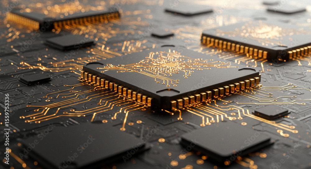 Poster a close up view of multiple black microchips with gold accents on a dark surface with circuit patter