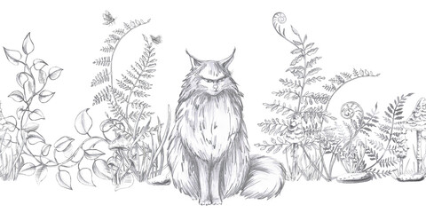 Seamless border with angry cat on fern background. Isolated pencil illustration on magical forest theme for interior design, Halloween cards, invitations, printing on clothes.