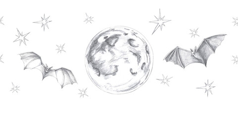 Seamless border with full moon and bats. Isolated pencil illustration on the theme of a magical forest for interior decoration, Halloween cards, invitations, printing on clothes. © Svetlana