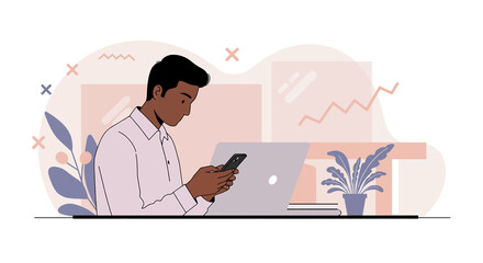 a man sitting at a desk, focused on his phone, with a laptop and plant in the background. Suitable for landing page, banner, marketing, web design, presentation, infographic, etc.