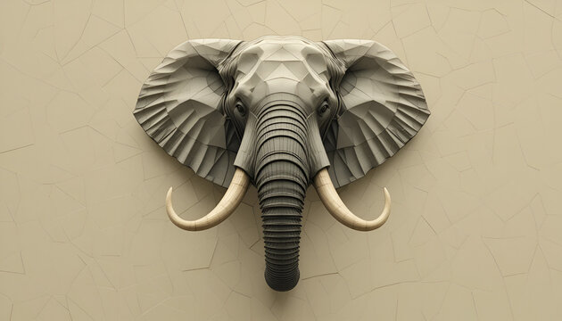 Stunning polygonal elephant head sculpture mounted on a neutral textured wall showcases modern art and unique interior decoration.