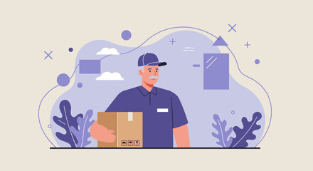 a delivery person holding a package, with a background featuring abstract shapes and a cloudy sky. Suitable for landing page, banner, marketing, web design, presentation, infographic, etc.