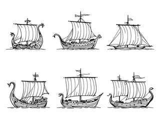 traditional viking sail ship historical vector line art