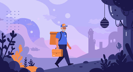 A young delivery man in a blue jacket and red cap carries a large red box while speaking on his phone, set against a light blue background with abstract shapes.