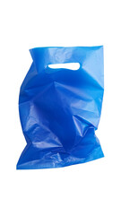 Creased blank blue plastic bag with a handle hole isolated on transparent background