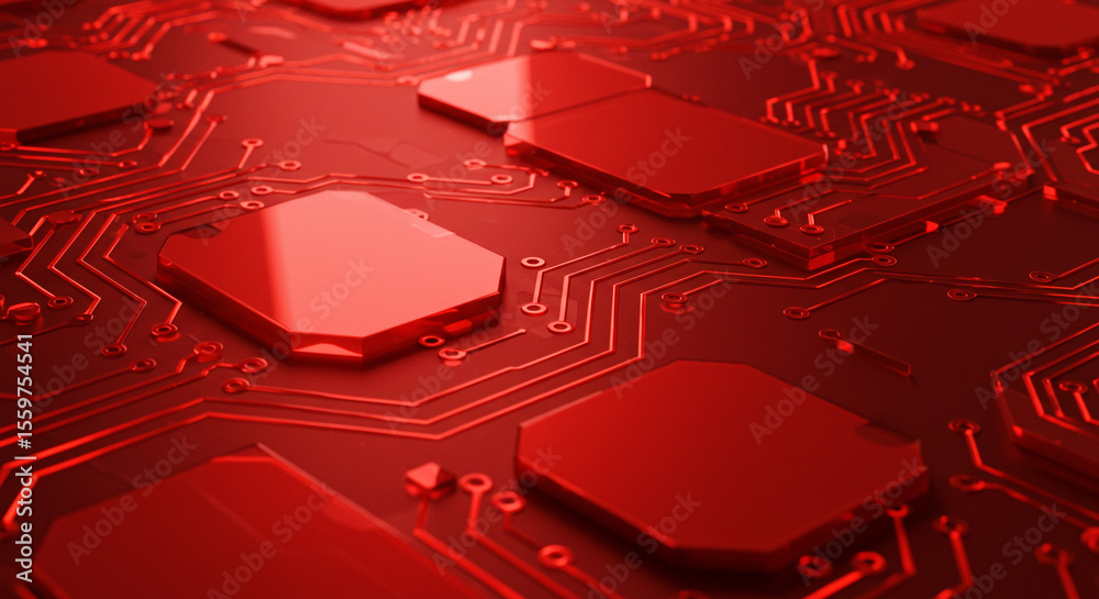 Poster a close up view of a red circuit board with chips and intricate wiring patterns visible throughout i