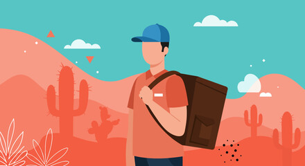 a man standing in a desert landscape, wearing a blue cap and carrying a brown bag. Suitable for landing page, banner, marketing, web design, presentation, infographic, etc.