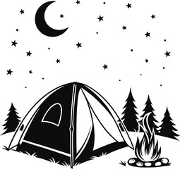 Camping Tent with Campfire under Night Sky and Pine Trees Silhouette © mdshakilkst46