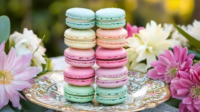 A stack of colorful macarons arranged on a decorative plate, surrounded by flowers.