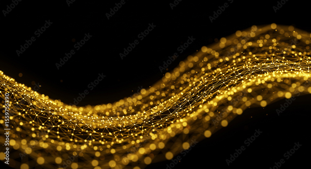 Poster golden network with connected points and lines flowing on a black background in an abstract formatio