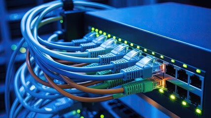 Glowing Ethernet Cables Plugged into Network Hub