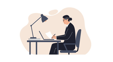 A businesswoman sits at her desk working on a laptop and paperwork, illuminated by a desk lamp in a minimalist office setting.