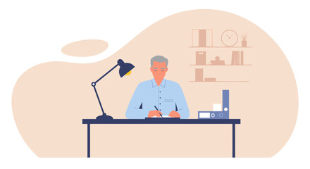 an older man sitting at a desk, writing with a pen, with a lamp and bookshelf in the background. Suitable for landing page, banner, marketing, web design, presentation, infographic, etc.