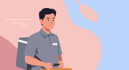 a man standing against a background with a gradient of pink and blue. Suitable for landing page, banner, marketing, web design, presentation, infographic, etc.