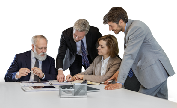 Four business people discussing work together using a tablet on a transparent background
