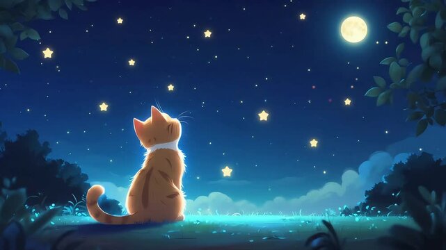 "Animated Cute Cat Watching Stars at Night | 5s Loop | Cozy Moonlight Sky, Glowing Stars, Peaceful Fantasy Scene, Whimsical Cartoon Nature Background"