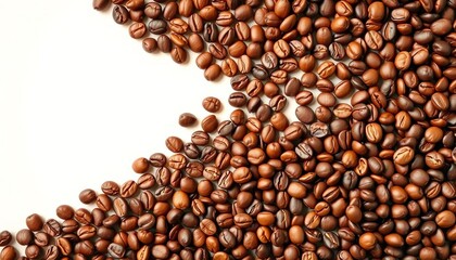 Fototapeta premium Endless horizontal row of roasted coffee beans on a light background, cafe, pattern