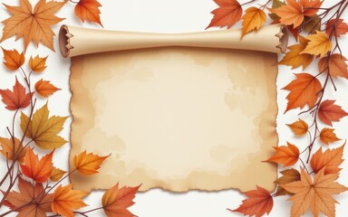 Inheritance taxes concept. Blank scroll framed by autumn leaves and warm colors.