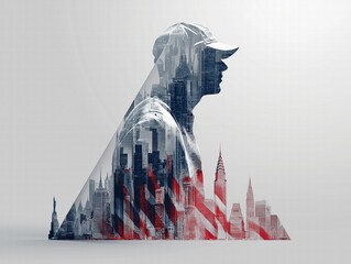 Modern Independence Day Poster: Abstract Flag Stripe Background, Iconic Skyline Silhouettes, Military Triangle with Dog Tags/Cap/Tattoos Vector Design