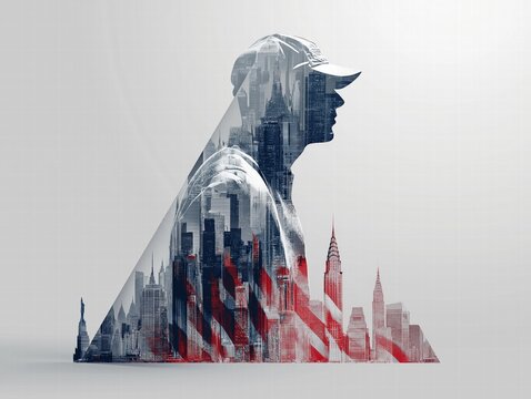 Modern Independence Day Poster: Abstract Flag Stripe Background, Iconic Skyline Silhouettes, Military Triangle with Dog Tags/Cap/Tattoos Vector Design