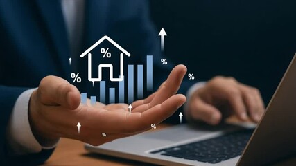 4k video, Real Estate Market Growth with Rising Interest Rates concept. Person holding virtual house icon with percentage symbols and rising bar graph, symbolizing real estate interest rates and marke