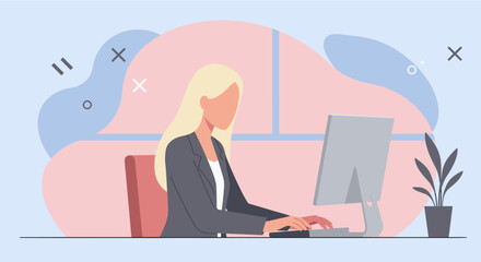 A young blonde businesswoman is sitting at her desk and working on her computer in a modern office, depicted in a minimalist style.