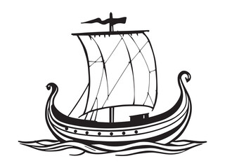 viking sail ship detailed line art vector drawing